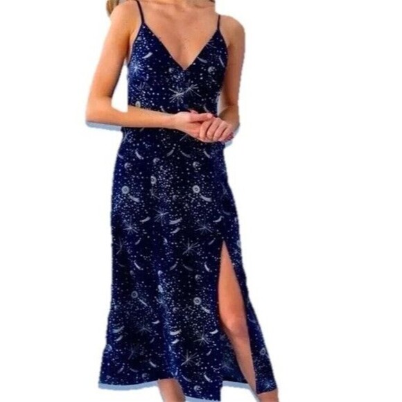 Urban Outfitters UO Constellation Velvet Dress Size Medium Blue Star Print Midi - Picture 1 of 11